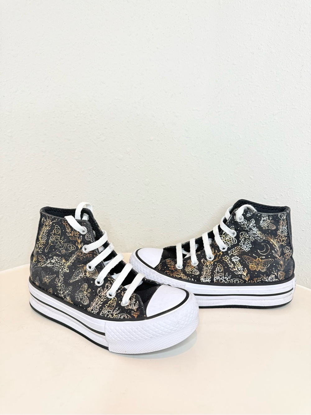 Converse Kids Eva Lift Unisex High Top Black Gold Butterfly Sneakers Size 13
